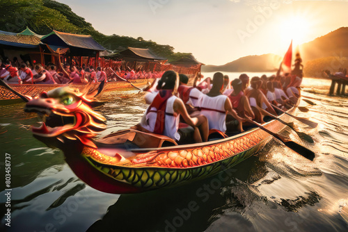 Dragon boat racing festival. Dragon-shaped boats on water surface. photo