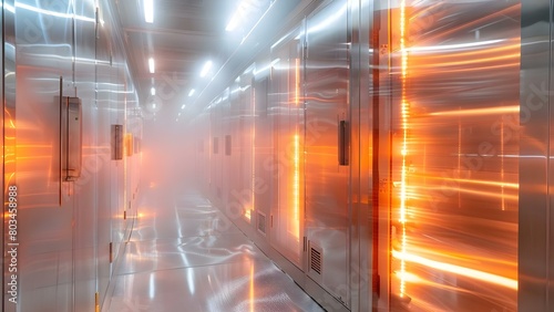 Cuttingedge cryogenic storage system in tech facility freezing bodies in illuminated chambers. Concept Technology, Cryogenic Storage, Facility, Freezing Bodies, Illuminated Chambers
