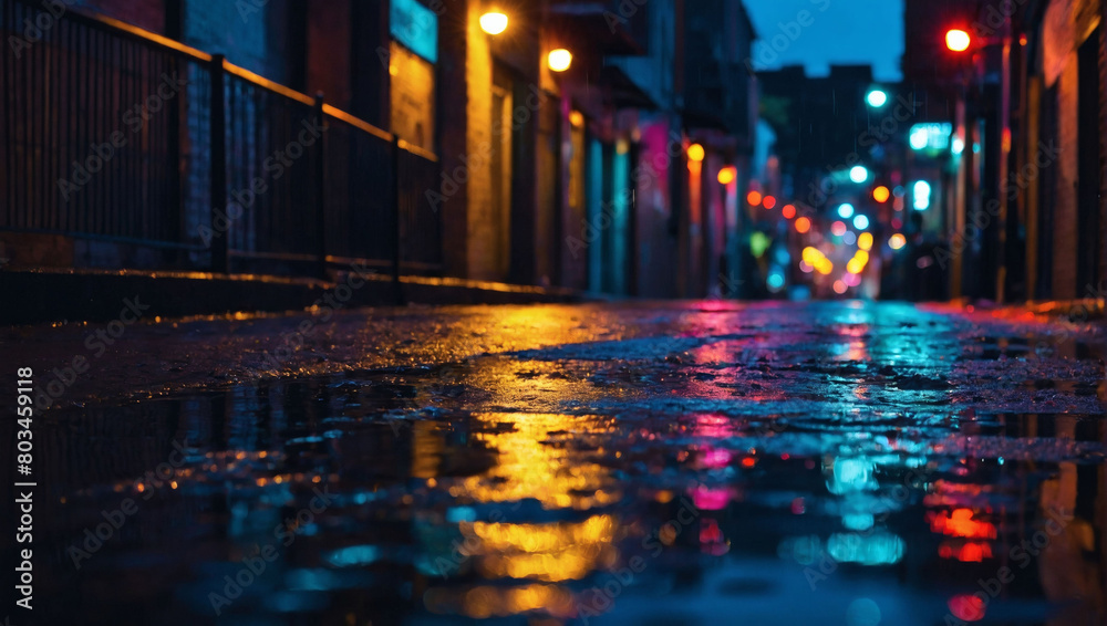 Vivid neon hues illuminating a dim urban alley, their reflections shimmering in rainwater puddles.