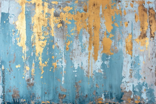 The abstract picture of the gold, blue and black colour that has been painted or splashed on the white blank background wallpaper to form random shape that cannot be describe yet beautiful. AIGX01.