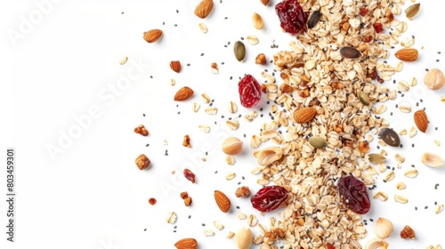 Oat flakes with Nuts, seeds and dried fruits isolated on white background. Granola Flat lay. Top view