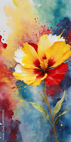 painting of a yellow and red flower on a colorful background with watercolors and a white background, Art & Language, abstract brush strokes, an abstract painting, vertical orientation