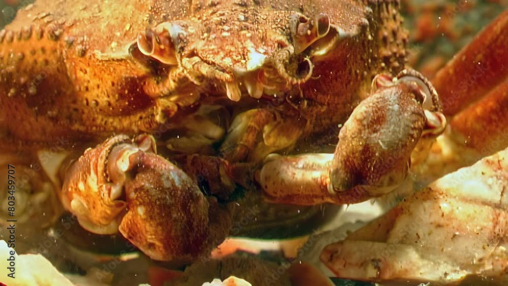 Close-up unveils hidden world of underwater snow crab, Chionoecetes opilio. Through close-up lens, underwater snow crab, Chionoecetes opilio, appears majestic in clear water of Barents Sea. Close-up unveils hidden world of underwater snow crab, Chionoecetes opilio. Through close-up lens, underwater snow crab, Chionoecetes opilio, appears majestic in clear water of Barents Sea.