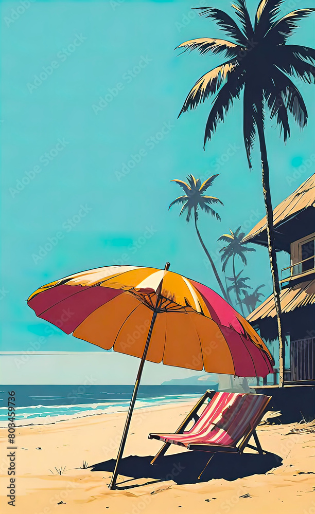 Beach at tropical resort, sand, straw umbrella, comic book style, lofi atmosphere, vintage advertising poster style, tropical island vacation concept