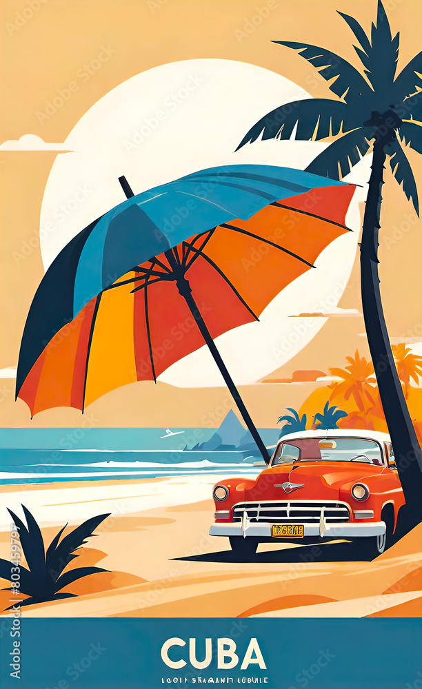 Beach at tropical resort, sand, straw umbrella, comic book style, lofi atmosphere, vintage advertising poster style, tropical island vacation concept