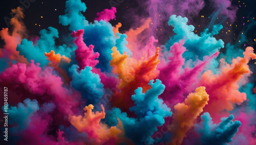 Vibrant bursts of neon smoke swirling like clubs in an explosion of Holi paint  creating an abstract psychedelic pastel light background.