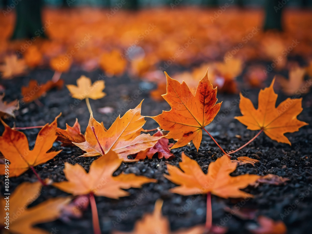Vibrant orange maple leaves adorning the ground, with a blurred bokeh effect creating a magical atmosphere.