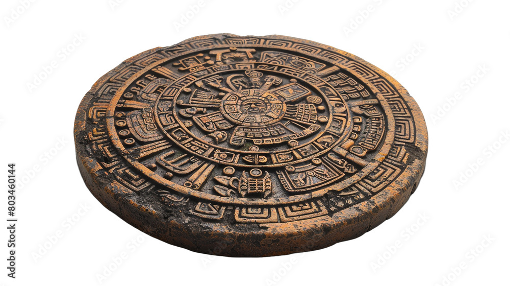 A Mayan calendar stone with glyphs on a transparent background. PNG format, This PNG file, with an isolated cutout object on a transparent background. 
