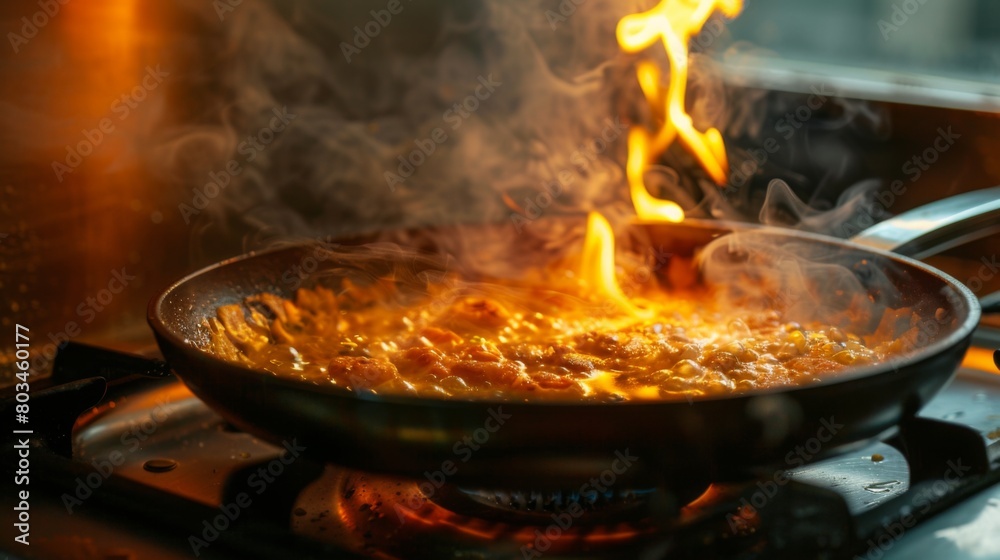 Sizzling Food in a Frying Pan, Cooking Delicious Meal in a Skillet, Chef's Frying Pan with Tasty Dish, Culinary Art: Pan-Frying Perfection, Kitchen Cooking: Frying Pan on Stove Sizzling Food in a Frying Pan, Cooking Delicious Meal in a Skillet, Chef's Frying Pan with Tasty Dish, Culinary Art: Pan-Frying Perfection, Kitchen Cooking: Frying Pan on Stove
