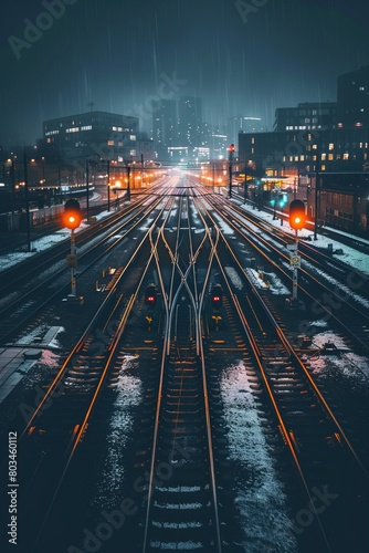 A bustling train yard filled with numerous train tracks weaving in different directions, showcasing a hub of activity and movement as trains come and go, carrying goods and passengers photo
