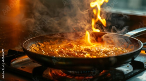 Sizzling Food in a Frying Pan  Cooking Delicious Meal in a Skillet  Chef s Frying Pan with Tasty Dish  Culinary Art  Pan-Frying Perfection  Kitchen Cooking  Frying Pan on Stove