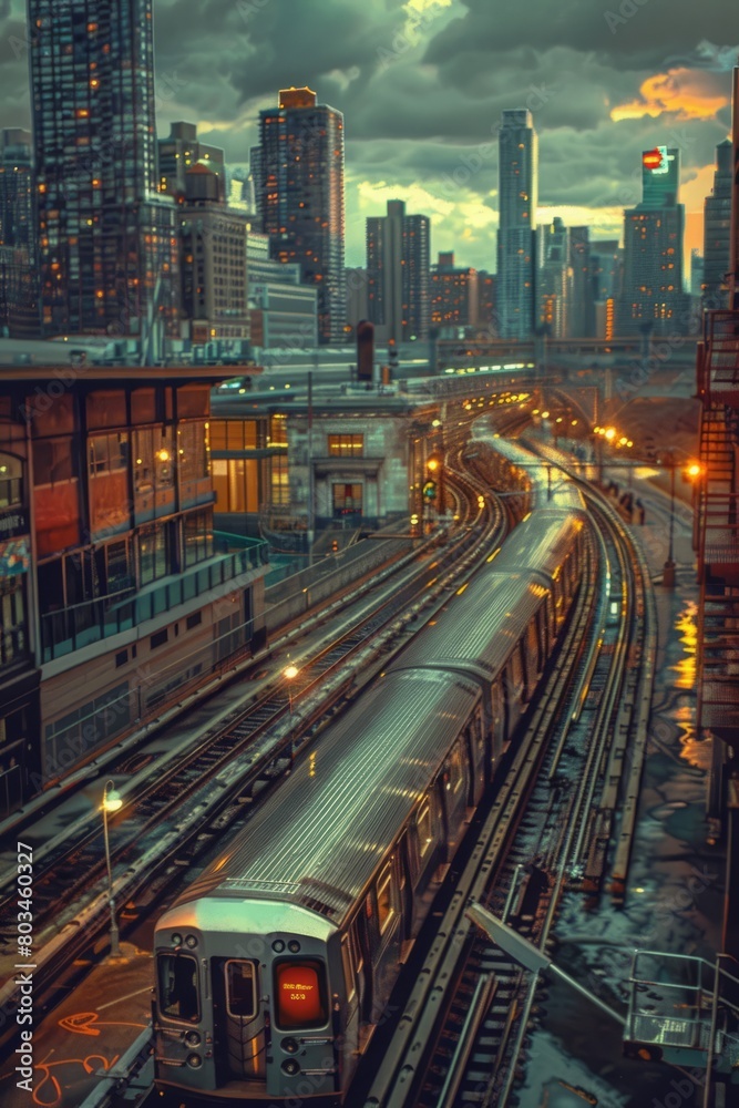 A commuter train is seen traveling down the tracks towards a city area filled with tall buildings. The train is surrounded by urban scenery as it moves along the railway A commuter train is seen traveling down the tracks towards a city area filled with tall buildings. The train is surrounded by urban scenery as it moves along the railway