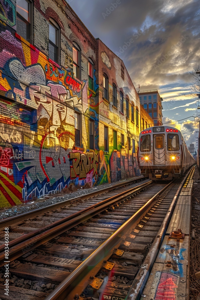 Obraz premium A commuter train passing by a colorful urban mural on a building