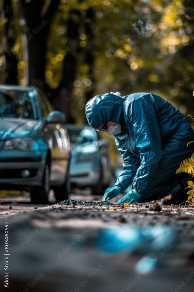 A forensic investigator, wearing a blue coverall, is inspecting a car at a crime scene for evidence collection A forensic investigator, wearing a blue coverall, is inspecting a car at a crime scene for evidence collection