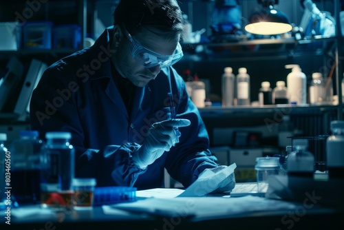 A man in a lab is focused on analyzing a piece of paper, likely containing DNA evidence. The man is wearing a lab coat and appears deep in concentration © Vit