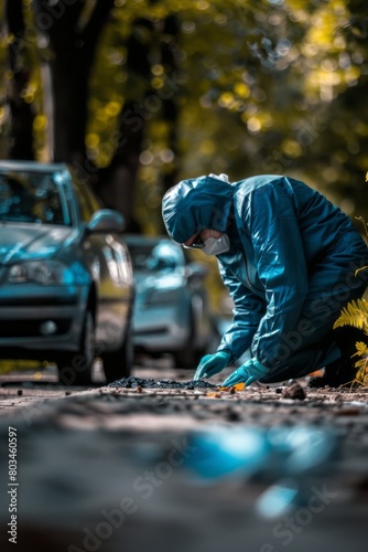 A forensic investigator, wearing a blue coverall, is inspecting a car at a crime scene for evidence collection