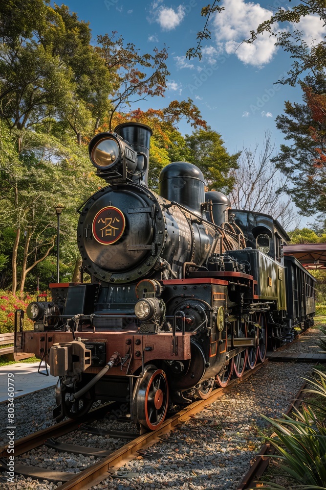 Naklejka premium An old-fashioned steam locomotive is moving along the tracks at a railway station, showcasing the classic design and mechanics of early transportation