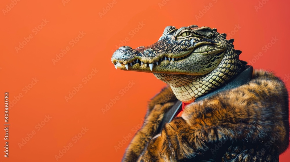 Obraz premium Stylish alligator in faux fur jacket on orange background