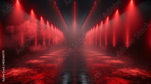 A red light is shining on a dark stage with water, AI © starush