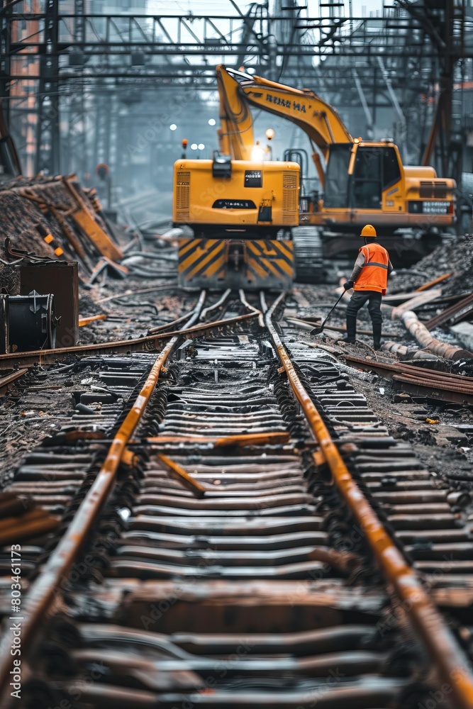 Two men, part of a railway maintenance crew, are standing on top of train tracks. They are inspecting, repairing, or maintaining the tracks to ensure safe passage for trains Two men, part of a railway maintenance crew, are standing on top of train tracks. They are inspecting, repairing, or maintaining the tracks to ensure safe passage for trains