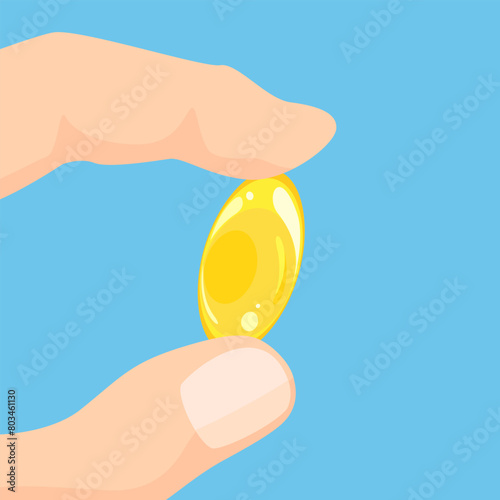 Hand holding Fish oil capsule. Dietary supplements concept. Vector cartoon illustration.