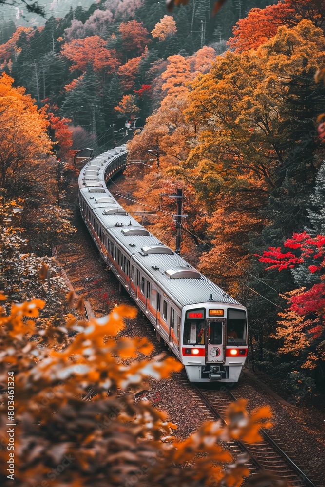 Fototapeta premium A train travels through a dense forest filled with tall trees and colorful autumn foliage. The locomotive moves steadily on the tracks surrounded by natures greenery