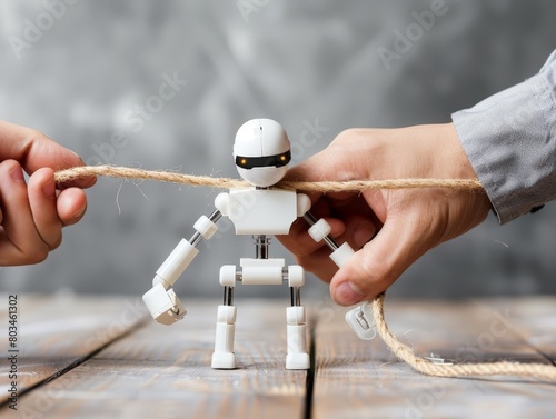 A robot and human hands engage in a tug-of-war with a rope, symbolizing the ethical concerns and power struggle surrounding artificial intelligence and technological control. photo