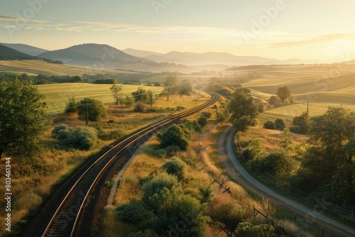 A train track can be seen running through a rural countryside, with green fields, trees, and farmland surrounding it. The track curves gently as it disappears into the distance photo