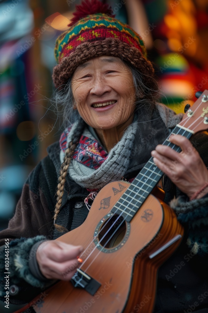 An old woman sitting on the street, skillfully playing a guitar with a focused expression, captivating passersby with her talent and melodies