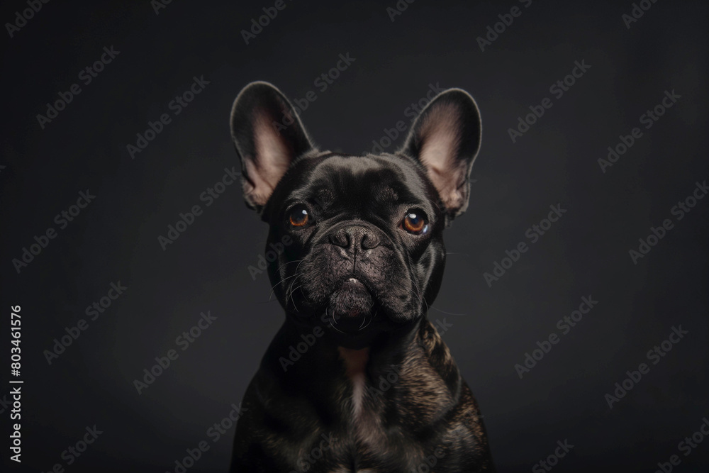 Black French bulldog on a black background in a minimalist style. The dog sits in the center of the frame, its wrinkled face and bright eyes attracting attention. Pet.