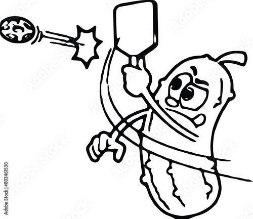 Cute Pickle Cartoon Character with A Thumb Up And Holding Pickleball Ball. Hand Drawn Vector Illustration Isolated On Transparent Background