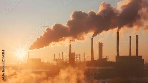 Factory releases toxic emissions into the environment through smokestacks. Concept Industrial Pollution  Toxic Emissions  Environmental Impact  Air Quality  Regulatory Compliance