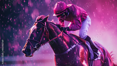 Wet Wander: Portrait of a Rider Journeying on a Horse in the Rain under Purple Light and Cinematic Raindrops