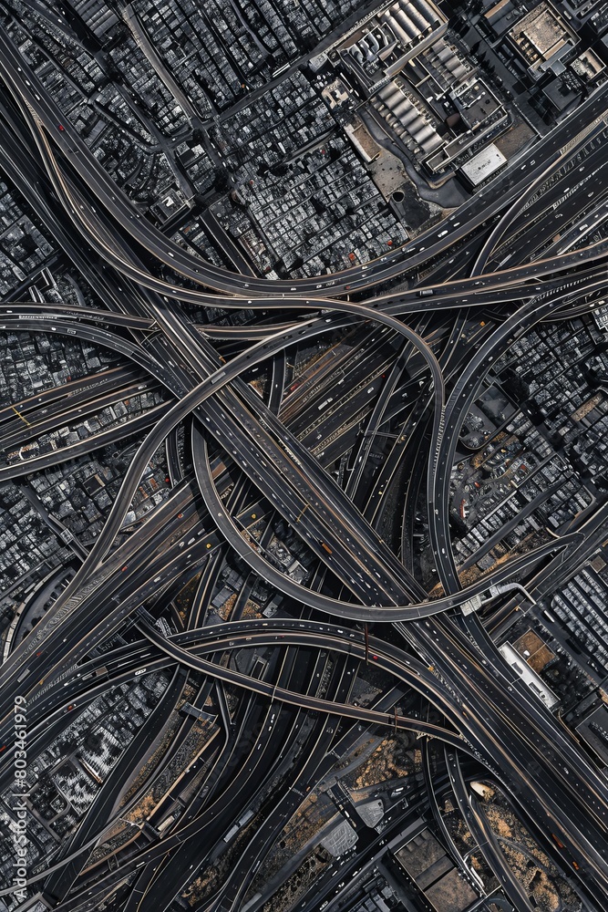 Drone shot capturing the intricate network of highways weaving through an urban metropolis