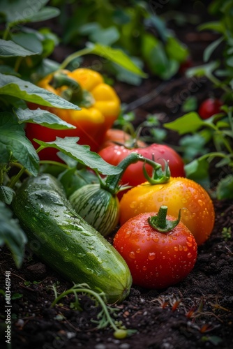 A neat row of ripe red tomatoes and vibrant green cucumbers growing in a well-tended vegetable garden. Sunlight illuminates the crops as they thrive in the fertile soil