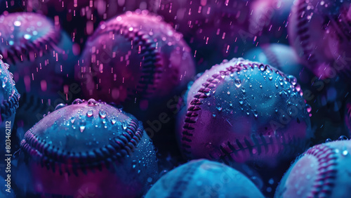 Diamond Downpour: Baseball in the Rain Amidst Purple Light and Cinematic Raindrops photo