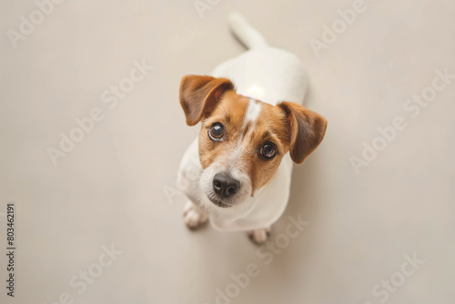 Cute Jack Russell Terrier on a beige background looks curiously at the camera, photo taken from above. Close-up portrait of a dog.