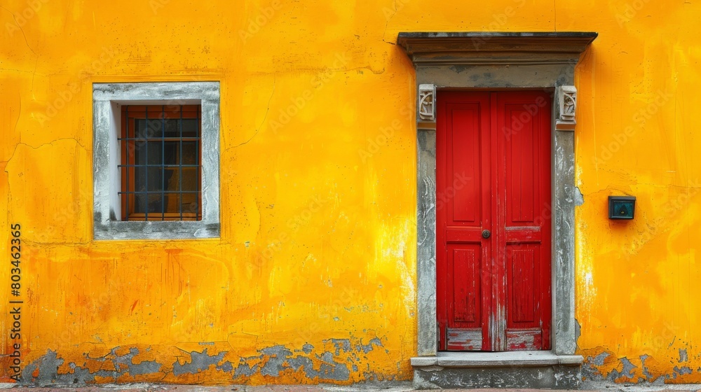 A red door on a yellow wall with two windows, AI