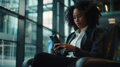 A businesswoman multitasking on her smartphone while waiting for a meeting to start.
