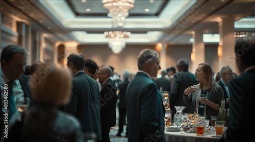 A group of professionals networking at a business luncheon in a hotel ballroom. photo