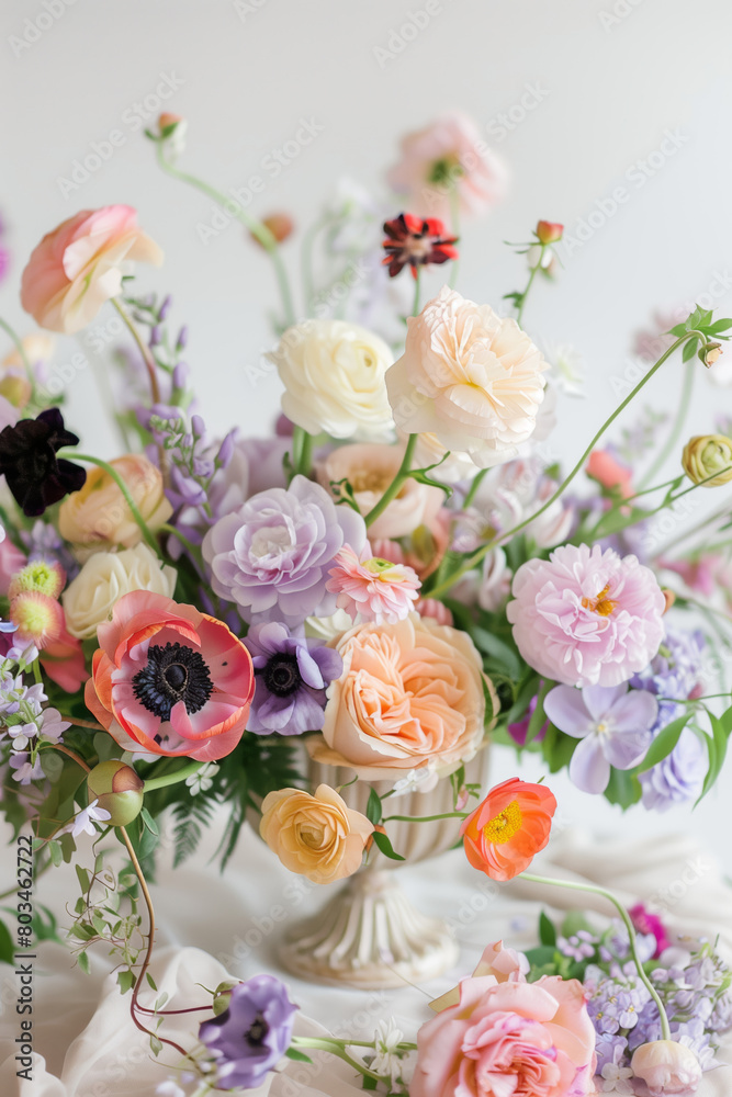 Beautiful flower arrangement with various flowers in a vintage vase