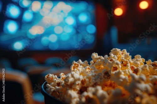 Popcorn in a box on the background of the interior of the cinema photo