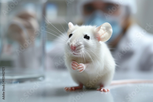 White laboratory rat sitting on a table in a lab, close-up