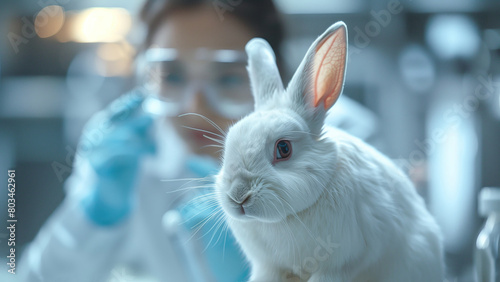 Scientist examining rabbit in laboratory, closeup. Animal testing concept
