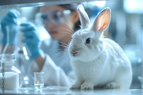 Scientist examining rabbit in laboratory, closeup. Biotechnology concept