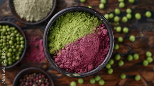 Top view of Five colour of sean drink powder greenpea in a bowl on wooder background, Healthy eating concept photo