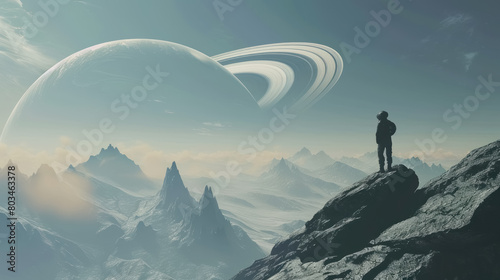 futuristic astronaut on alien planet with giant rings in the sky for sci-fi scene photo