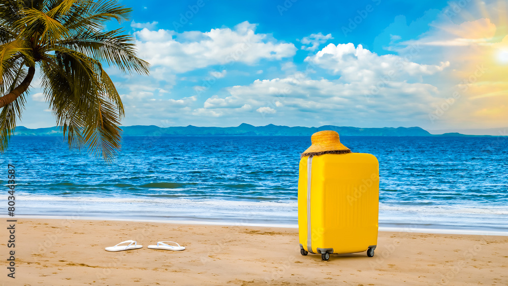 Yellow suitcase on sand at the beach, palm tree, sunlight, vacation, sea, beach slippers Yellow suitcase on sand at the beach, palm tree, sunlight, vacation, sea, beach slippers