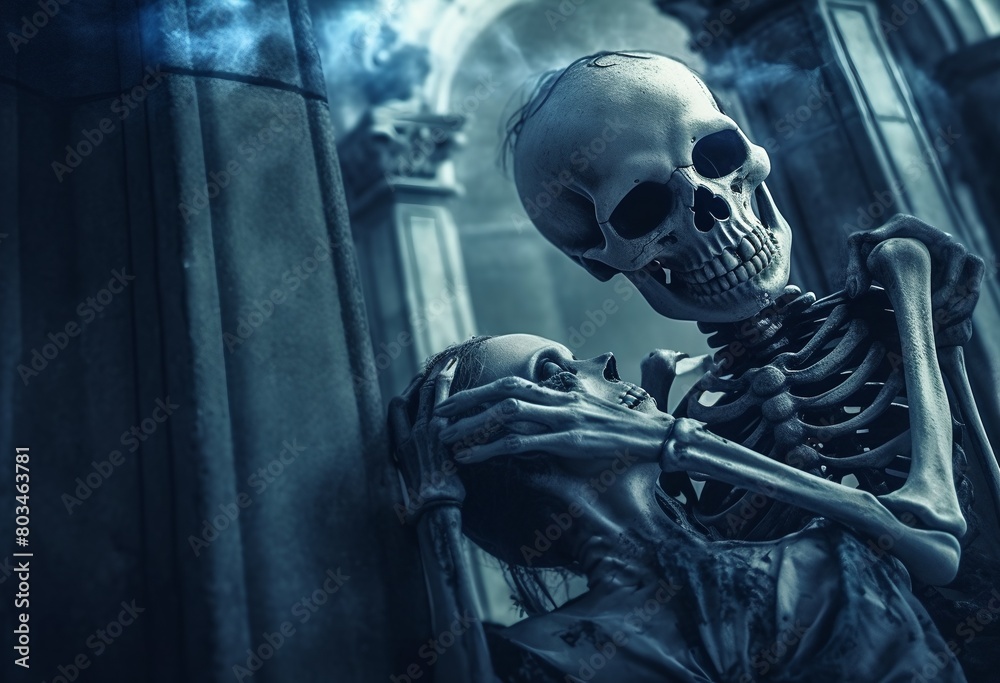 a skeleton holding a skeleton in a dark room with a light coming from behind a skeleton holding a skeleton in a dark room with a light coming from behind
