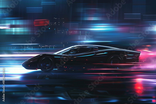 An atmospheric depiction of a high-speed car speeding through the night, its sleek silhouette contrasting against the mysterious backdrop of the urban environment.
